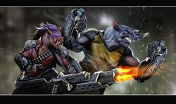 amber_eyes ammunition anthro armor bebop black_rhinoceros blue_eyes clothed clothing common_warthog duo fur gauntlets gloves grey_body grey_fur gun hair handwear hi_res horn male mammal nebezial purple_hair ranged_weapon rhinoceros rocksteady scar suid suina teenage_mutant_ninja_turtles teeth warthog weapon