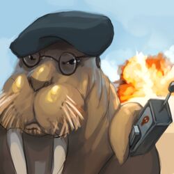 1:1 alternate_species anthro beret clothing cool_guys_don&#039;t_look_at_explosions explosion eyewear glasses hat headgear headwear jamie_hyneman low_res male mammal marine mythbusters pinniped real_world remote_detonator solo tusks unknown_artist walrus