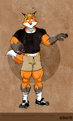 anthro biped black_body black_fur black_nose blonde_hair canid canine clothed clothing dipstick_tail fox front_view fur gloves_(marking) hair leg_markings male mammal markings muscular muscular_anthro muscular_male orange_body orange_fur pawpads pecs rthur short_hair socks_(marking) solo standing tail tail_markings transformation white_body white_fur