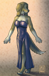 2011 anthro breasts cali canid canine canis cleavage clothed clothing domestic_dog dress female long_dress mammal mosa paws purple_clothing purple_dress side_slit side_slit_clothing side_slit_dress solo strapless_clothing strapless_dress tail