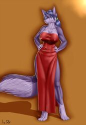 anthro barefoot biceps big_breasts biped black_nose blue_eyes blue_hair breasts canid canine canis cleavage clothed clothing digital_media_(artwork) dress feet female fluffy fluffy_tail hair hi_res jen_(jindragowolf) jindragowolf long_hair looking_at_viewer mammal muscular muscular_anthro muscular_female ponytail smile solo standing tail wide_hips wolf