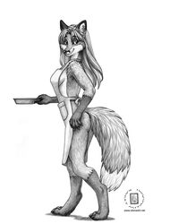 2008 anthro apron apron_only ass biped bottomless breasts canid canine casual_exposure clothed clothing digitigrade female fluffy fluffy_tail fox greyscale jazmyn jazmyn&#039;s_world kacey leg_markings mammal markings monochrome mostly_nude side_boob simple_background skimpy socks_(marking) solo standing tail white_background