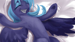 16:9 alicorn blue_body blue_feathers blue_hair buttercup_saiyan closed_eyes equid equine feathered_wings feathers female feral friendship_is_magic hair happy hasbro horn long_hair mammal my_little_pony mythological_creature mythological_equine mythology princess_luna_(mlp) smile snow snow_angel solo source_request unavailable_at_source widescreen wings