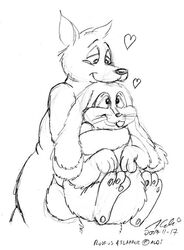 aldi alternative_fashion ambiguous_gender anthro belly carrying_another duo feral flapper heart_symbol hug hugging_another hugging_from_behind kangaroo lagomorph leporid macropod mammal marsupial monochrome nude overweight rabbit roofus simple_background size_difference white_background