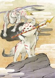 :3 ambiguous_gender arrow_(weapon) bow_(weapon) capcom cloud clover_studio digitigrade duo felid feral gekigami_(okami) holding_object holding_weapon low_res mammal okami_(capcom) pantherine quadruped ranged_weapon source_request tail thunderbolt tiger unknown_artist weapon