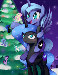 2011 alicorn annoyed blue_eyes blush christmas clone cutie_mark equid equine feathered_wings feathers female feral fluttershy_(mlp) friendship_is_magic fur group hair hasbro holidays horn mammal multicolored_hair my_little_pony mythological_creature mythological_equine mythology negativefox night ornament outside plant princess_celestia_(mlp) princess_luna_(mlp) purple_body purple_fur purple_hair sibling_(lore) tail tree twilight_sparkle_(mlp) twins_(lore) two_tone_hair unicorn wings wood