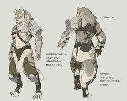 2010 afd-yred anthro armor canid canine canis ear_piercing fur grey_background grey_body grey_fur japanese_text kouta koutanagamori male mammal multiple_poses piercing pose rear_view simple_background solo standing tail text wolf 永守