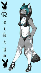 anthro biped blue_background canid canine canis clothed clothing collar dipstick_tail female footprint footwear green_eyes high_heels looking_at_viewer mammal markings pawprint piercing playboy playboy_bunny_logo shoes simple_background skimpy solo standing tail tail_markings tattoo tongue tongue_out wolf wolfen89