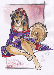 anthro asian_clothing biped black_hair blue_eyes canid canine canis clothing domestic_dog east_asian_clothing female hair japanese_clothing kimono long_hair looking_at_viewer mammal pinup pose shiverz sitting solo tail yokozuwari