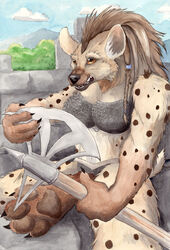 4_toes amber_eyes anthro armor axe barefoot battle_axe bikini bikini_armor biped black_claws black_nose blue_sky breasts brown_body brown_fur brown_pawpads chainmail chainmail_bikini claws clothed clothing cloud convincing_weapon crenelations fantasy_weapon feet female foot_focus fur gnoll hindpaw hyena mammal markings melee_weapon mountain muscular muscular_anthro muscular_female on_battlements outside pawpads paws sebastiangreyfox sitting skimpy sky solo spots spotted_body spotted_fur spotted_hyena swimwear teeth toe_claws toes unconvincing_armor weapon