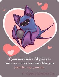 ambiguous_gender bat blush english_text everstone eyeless fangs generation_1_pokemon heart_symbol holidays mammal membrane_(anatomy) membranous_wings nintendo open_mouth pokemon pokemon_(species) smile solo sugulovestacos teeth text valentine&#039;s_day wings zubat