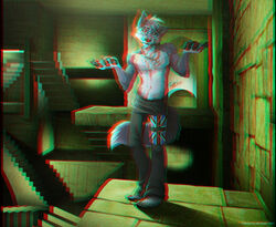 2011 5_toes anaglyph anthro barefoot biped canid canine canis clothed clothing feet jewelry male mammal mel_miller necklace solo stereogram tail toes topless union_jack wolf wolfie_(disambiguation)