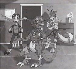 anthro bandai_namco black-rat bottomwear canid canine claws clothing digimon digimon_(species) digital_hazard equid female footwear fur greyscale group guilmon henry_wong horn human legwear male mammal markings monochrome pants renamon rika_nonaka rikamon scalie shirt shoes socks symbol tail takato_matsuki teeth terriermon topwear transformation