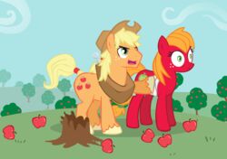 apple applejack_(mlp) bandage big_macintosh_(mlp) brother_(lore) brother_and_sister_(lore) clothing cutie_mark draft_horse duo earth_pony equid equine female feral food friendship_is_magic fruit hasbro hat headgear headwear horse male mammal my_little_pony outside pain parody plant plow_yoke pony quadruped rule_63 sibling_(lore) sister_(lore) sky smile tail trotsworth wounded