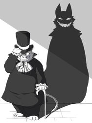 3:4 altered_shadow anthro barefoot biped cane classy clothed clothing cravat digital_media_(artwork) domestic_cat duality facial_hair feet felid feline felis frilly front_view full-length_portrait fully_clothed grin hat headgear headwear hysk male mammal moustache portrait shadow slightly_chubby smile solo tail top_hat