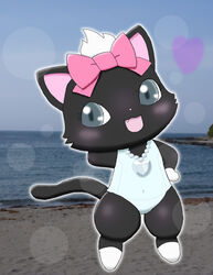 accessory anthro beach biped blush bow_(feature) bow_accessory bow_ribbon centered_hair_bow clothed clothing detailed_background diana_(jewelpet) domestic_cat felid feline felis female grey_eyes hair_accessory hair_ribbon hairbow heart_symbol jewelpet jewelry kaitendo looking_at_viewer mammal munchkin_cat navel necklace one-piece_swimsuit outside pendant ribbons sand sanrio seaside sega sega_fave skimpy sky smile solo standing swimwear tail teeth water