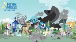 absurd_res amber_eyes armor blonde_hair blue_body blue_feathers blue_fur blue_hair bonbon_(mlp) british_broadcasting_corporation brown_hair bubble carrot_top_(mlp) cloud crossover cutie_mark derpy_hooves dinky_hooves_(mlp) doctor_who doctor_whooves_(mlp) earth_pony equid equine eyewear feathered_wings feathers female feral flower fluttershy_(mlp) friendship_is_magic fur grass green_eyes grey_body grey_feathers group hair hasbro hi_res horn horse hourglass_(object) insect_wings long_hair lyra_heartstrings_(mlp) machine magic mammal mane multicolored_hair my_little_pony mythological_creature mythological_equine mythology necktie octavia_(mlp) outside parasprite_(mlp) pegasus plant pony purple_eyes quadruped rainbow_dash_(mlp) road science short_hair sky smoke sunglasses tail tardis teal_eyes tree trotsworth unicorn village vinyl_scratch_(mlp) wings wood yellow_body yellow_feathers