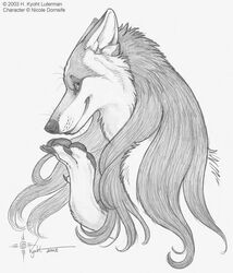 2003 ambiguous_gender anthro bust_portrait canid canine canis coyote graphite_(artwork) greyscale kyoht_luterman mammal monochrome paws pencil_(artwork) portrait side_view solo traditional_media_(artwork)