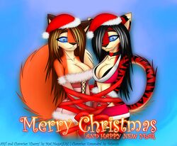 anthro blue_eyes canid canine cassandra_(tailsrulz) cherry_(macmegagerc) christmas clothed clothing duo felid female fox holidays macmegagerc mammal pantherine ribbons simple_background skimpy tail tiger