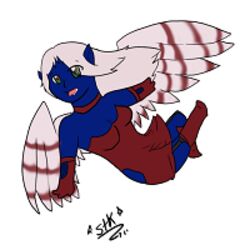 1:1 angel angel_humanoid blue_body blue_skin chibi elf feathered_wings feathers female humanoid iona_itova low_res not_furry solo thumbnail unknown_artist winged_humanoid wings