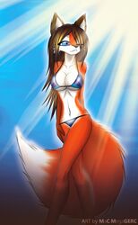 abstract_background anthro bikini biped blue_eyes breasts canid canine cassandra_(tailsrulz) clothed clothing dipstick_tail female fox hi_res long_legs macmegagerc mammal markings one_eye_closed simple_background skimpy solo sun swimwear tail tail_markings under_boob