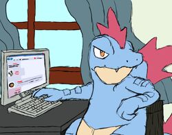 2010 4chan ambiguous_gender annoyed anthro awesome_face back_spikes bludragoon blue_body blue_scales blue_skin chair claws colored_sketch computer computer_monitor crocodilian curtains day desk detailed_background digital_drawing_(artwork) digital_media_(artwork) electronics fangs feraligatr finger_claws flat_colors flying_spaghetti_monster furniture generation_2_pokemon head_spikes i_can&#039;t_fap_to_this inside keyboard lol_comments meme nintendo orange_eyes pokemon pokemon_(species) red_body red_skin red_spikes reptile scales scalie sitting sketch solo spikes spikes_(anatomy) table teeth white_claws window ಠ_ಠ