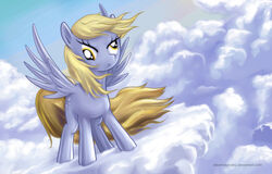 2012 alexmakovsky amber_eyes blonde_hair cloud cutie_mark derp_eyes derpy_hooves detailed_background equid equine feathered_wings feathers female feral friendship_is_magic frown grey_body grey_feathers hair hasbro hi_res mammal my_little_pony mythological_creature mythological_equine mythology outside pegasus quadruped sky skyscape solo tail text url wings