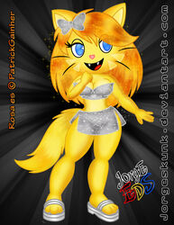 abstract_background angelina_onyx blonde_hair blue_eyes bottomwear breasts clothing deity domestic_cat felid feline felis female footwear hair happy_tree_friends jorgeskunk looking_at_viewer mammal navel open_mouth sandals simple_background skirt smile solo tail whiskers