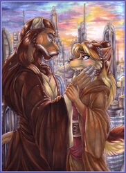 2010 anthro blush canid canine canis city cityscape clothing cockiestspaniel duo eye_contact felid female hair hi_res lion long_hair looking_at_another male mammal outside pantherine robe romantic romantic_ambiance romantic_couple smile star_wars tail wolf