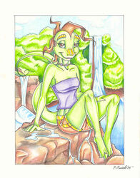 anthro bottomwear brown_hair clothing female hair iguana iguanid ladyjeboah lizard lizardbeth_(character) midriff reclining reptile scalie shorts solo sub-tympanic_shield tail traditional_media_(artwork) water waterfall