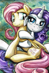 blue_eyes buttercup_saiyan colored_pencil_(artwork) cutie_mark duo equid equine feathered_wings feathers female feral fluttershy_(mlp) friendship_is_magic hair hasbro hi_res horn hug long_hair mammal mixed_media my_little_pony mythological_creature mythological_equine mythology painting_(artwork) pegasus pen_(artwork) pink_hair quadruped rarity_(mlp) romantic romantic_couple tail traditional_media_(artwork) unicorn watercolor_(artwork) wings yellow_body yellow_feathers