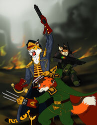 angry anthro astra_militarum canid canine clothed clothing commissar felid feline felinid fox fuckie fully_clothed group holding_object holding_weapon imperial_guard konu lasgun letigre lynx lysander_(eltigero) male mammal melee_weapon ranged_weapon science_fiction tail tools war warhammer_(franchise) warhammer_40000 warrior weapon