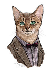 3:4 alternate_species ambiguous_gender anthro black_lips bow_(feature) bow_tie british_broadcasting_corporation brown_body brown_fur brown_nose business_suit bust_portrait clothed clothing digital_media_(artwork) doctor_who domestic_cat eleventh_doctor felid feline felis fur green_eyes inner_ear_fluff jenny_parks lips long_mouth looking_at_viewer low_res mammal no_sclera portrait pupils semi-anthro signature simple_background slit_pupils snout solo suit tan_body tan_fur the_doctor_(doctor_who) tuft whiskers white_background