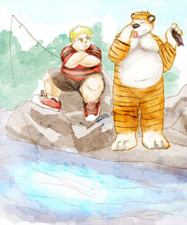 anthro biped calvin_(calvin_and_hobbes) calvin_and_hobbes countershading crossed_arms duo felid fish fishing front_view full-length_portrait hobbes human iavan male mammal marine mixed_media obese outside overweight painting_(artwork) pantherine paran0id42 pen_(artwork) portrait sitting sky standing stripes tiger tongue traditional_media_(artwork) water watercolor_(artwork)