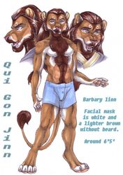 2010 alternate_species anthro biped blue_eyes clothing cockiestspaniel english_text felid hi_res lion male mammal model_sheet open_mouth pantherine pose qui-gon_jinn simple_background solo standing star_wars tail tail_tuft text tuft underwear white_background