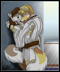 2010 anthro black_border blush border clothing cockiestspaniel collar duo female hug licking lightsaber male melee_weapon robe romantic romantic_couple star_wars tail tongue tongue_out unavailable_at_source weapon