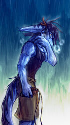 anthro antlers belt biceps biped blue_background blue_body blue_eyes blue_fur blue_hair blue_skin bottomwear clothing dragon eyewear fur glasses hair horn jump_rope kuron kuron_(character) male muscular muscular_anthro muscular_male mythological_creature mythological_scalie mythology outside pecs pose raining scales scalie shirt shorts simple_background solo standing tail tank_top tight_clothing topwear