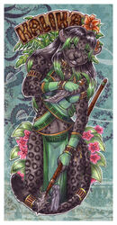 2012 abstract_background angry anthro breasts cockiestspaniel felid female flower green_eyes grin kalika knife mammal melee_weapon name_badge pantherine plant polearm simple_background small_breasts smile solo spear tail weapon