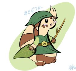 ambiguous_gender blush clothing cosplay crossover crossover_cosplay feathers_(artist) furret generation_2_pokemon hi_res japanese_text link mammal mustelid nintendo pokemon pokemon_(species) solo standing stick tail text the_legend_of_zelda tongue tongue_out translated