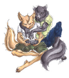 4_toes 5_fingers anthro arm_around_neck arms_bent barefoot bent_legs bottomwear brown_eyes canid canine cargo_shorts claws clothed clothing crossed_legs dipstick_ears duo ear_markings electronics feet fennec_(character) fennec_fox fingers fox foxmajik front_view fully_clothed fur game_console gaming grey_body grey_fur handheld handheld_console hands_together_elbows_apart holding_console holding_object holding_psp knee_pulled_up looking_down male mammal messy_tail multicolored_ears pants planted_leg playing_video_game playstation playstation_console playstation_portable polo_shirt psp_console shirt shorts simple_background sitting sony_corporation sony_interactive_entertainment t-shirt tail tan_body tan_fur toes topwear true_fox tucked_leg two_tone_ears unknown_artist white_background