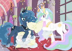 alicorn cutie_mark duo elenafreckle equid equine feathered_wings feathers female feral friendship_is_magic hair hallway hasbro hi_res hooves horn mammal multicolored_hair my_little_pony mythological_creature mythological_equine mythology pillow pillow_fight princess princess_celestia_(mlp) princess_luna_(mlp) quadruped royalty tail wings