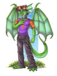 2012 3:4 anthro biped brown_hair caltsar clothing cockiestspaniel collar dragon green_body hair male membrane_(anatomy) membranous_wings mythological_creature mythological_scalie mythology open_mouth scalie shirt solo standing tail topwear wings