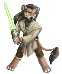 2011 5:6 alpha_channel alternate_species anthro beard biped chibi clothing cockiestspaniel facial_hair felid fighting_pose furrification green_lightsaber holding_melee_weapon holding_object holding_sword holding_weapon lightsaber lion male mammal mane melee_weapon pantherine pose qui-gon_jinn robe simple_background smile smirk solo standing star_wars sword tail tail_tuft transparent_background tuft weapon