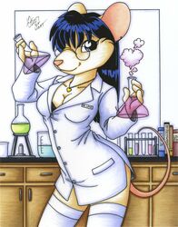 2007 absurd_res anthro beaker biped blue_eyes book breasts bunsen_burner cleavage clothed clothing coat desk erlenmeyer_flask eyewear female fur furniture glasses hi_res holding_flask inside jewelry lab_coat laboratory laboratory_equipment laboratory_glassware looking_at_viewer mammal michele_light mouse murid murine necklace rodent scientific_instrument scientist signature skimpy solo standing table tail tan_body tan_fur test_tube topwear