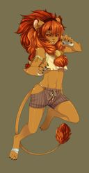 2011 amber_eyes ambiguous_gender anthro armlet bandage bottomwear claws clothed clothing digit_ring ear_piercing feet felid hair hanaface jewelry lion mammal pantherine piercing ring rumba shirt shorts simple_background skimpy slim solo tail tail_tuft tank_top toe_ring toes topwear tuft