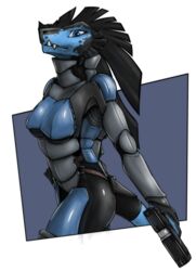 2012 alpha_channel anthro armor ass black_body blue_eyes breasts chazcatrix dual_wielding female gun hair handgun holding_gun holding_object holding_ranged_weapon holding_weapon lizard long_hair looking_at_viewer non-mammal_breasts pistol ranged_weapon reptile restricted_palette scalie simple_background smile solo tail transparent_background weapon