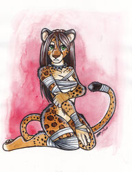 anthro bandage biped breasts collar felid female leopard leopard_spots looking_at_viewer mammal nude pantherine shiverz sitting solo spiked_collar spikes spots tail