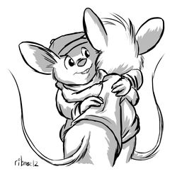 2012 4_fingers anthro bernard_(the_rescuers) bottomless buckteeth clothed clothing crossover disney don_bluth duo fingers flat_cap fur greyscale hat headgear headwear hug looking_aside looking_at_another male mammal monochrome murid murine overweight rat ribnose rodent shirt simple_background sketch tail teeth the_rescuers_(disney) the_secret_of_nimh the_secret_of_nimh_2 timothy_brisby topwear white_background wood_mouse