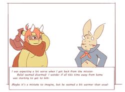 anthro axe blush croix duo english_text hair lagomorph leporid male mammal melee_weapon orange_hair rabbit simple_background tehweenus text weapon white_background