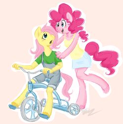 2012 anthro anthrofied blue_eyes blush cartoonlion clothed clothing duo earth_pony equid equine female fluttershy_(mlp) friendship_is_magic hasbro horse mammal my_little_pony pinkie_pie_(mlp) pony simple_background tail tricycle vehicle